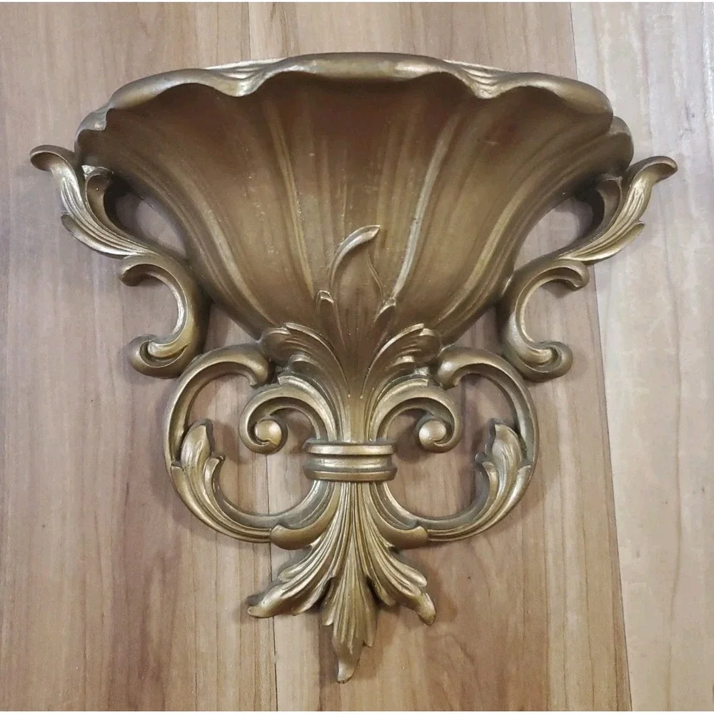 Vintage 60s HOMCO Gold Fleur de lis Wall Pocket Planter 4446 Hollywood Regency